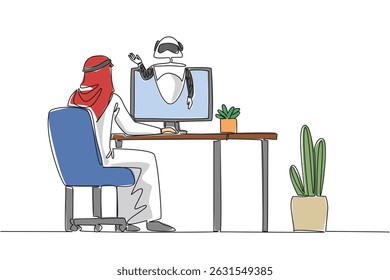 Continuous one line drawing Arab man sits facing monitor that comes out of robot on work desk. Ask AI ​​about bugs. International Virtual Assistants Day. Single line draw design vector illustration
