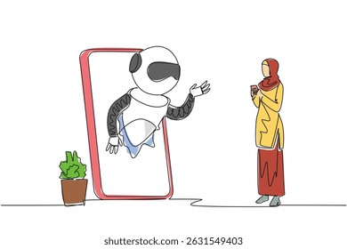 Continuous one line drawing Arab woman stands holds smartphone and robot comes out of big smartphone. Help from AI. International Virtual Assistants Day. Single line draw design vector illustration