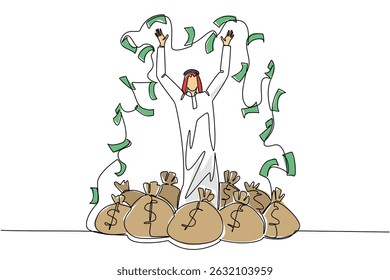 Continuous one line drawing Arab man standing on a pile of money bags while throwing banknotes. Smart investment. Become richer. Be a Millionaire Day. Single line draw design vector illustration
