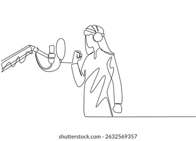 Continuous one line drawing Arab man standing in front of a mic using headphones is singing. Audition to enter the recording studio. National Sing Out Day. Single line draw design vector illustration