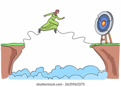 Continuous one line drawing Arab businesswoman jumping over cliff to reach target. Success move while taking risk. Entrepreneur challenges, motivation, personal growth. Single line draw design vector
