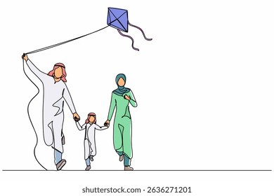 Continuous one line drawing Arab family weekend with parents and child walking in park. Fun family running, rest at nature on vacation. Dad, mom, and son launches kite. Single line draw design vector