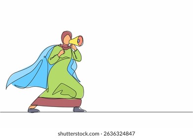 Continuous one line drawing Arab superhero speaking in megaphone. Superhero in cape, happy businesswoman holding megaphone, successful team leader. Single line draw design vector graphic illustration