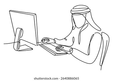 Continuous One Line Drawing Arab Man Working on computer