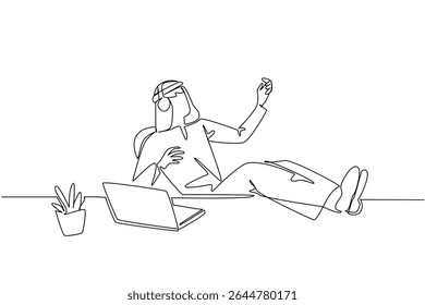 Continuous one line drawing Arab man wear headphone sits on a chair with hands forms a gesture as plays guitar. Take a break. Enjoy. National Sing Out Day. Single line draw design vector illustration