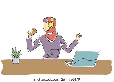 Uma linha contínua desenhando mulher árabe usando fone de ouvido sentado cantando segurando uma xícara de papel de café como um microfone. Atividades de estimulação do humor. Dia Nacional da Canção. Ilustração de vetor de design de desenho de linha única