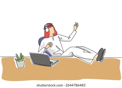 Continuous one line drawing Arab man wear headphone sits on a chair with hands forms a gesture as plays guitar. Take a break. Enjoy. National Sing Out Day. Single line draw design vector illustration