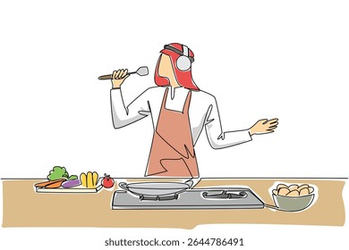 Continuous one line drawing Arab man wear apron and headphone cooking while singing hold ladle as mic. Preparing food with pleasure. National Sing Out Day. Single line draw design vector illustration
