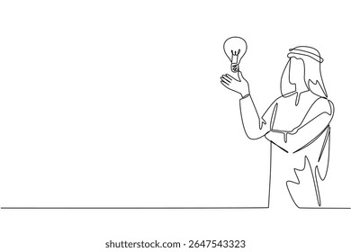 Continuous one line drawing Arab man raises and open palm with lightbulb floats above palm. Critical thinking. Idea. Genius. Smart. National Creativity Day. Single line draw design vector illustration