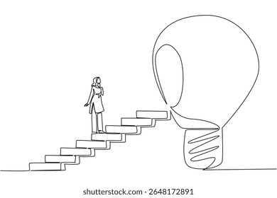 Continuous one line drawing Arab woman walks up ladder towards big lightbulb with hole in center. Patching the void with knowledge. National Creativity Day. Single line draw design vector illustration