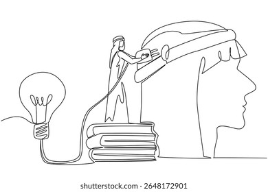 Continuous one line drawing Arab man stand on pile of thick books holds cable connected to big lightbulb. Knowledge and creativity. National Creativity Day. Single line draw design vector illustration