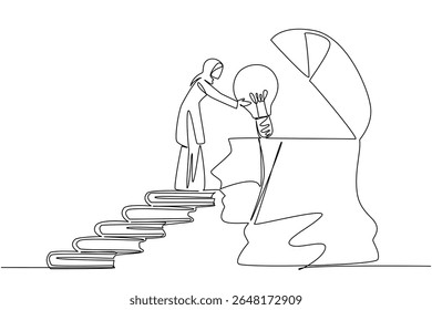 Continuous one line drawing Arab woman walks carry big lightbulb towards silhouette of head with open top. Mind washing. Clean. National Creativity Day. Single line draw design vector illustration