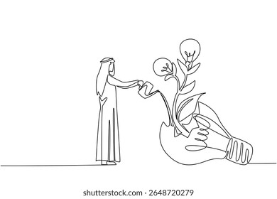 Continuous one line drawing Arab man waters plant with lightbulb fruit growing from inside broken lightbulb. Learn from failure. National Creativity Day. Single line draw design vector illustration