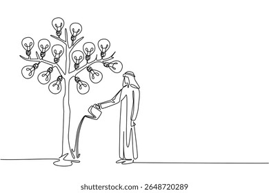 Continuous one line drawing Arab businessman waters a big tree bearing light bulbs with watering can. Good effort. Best result. National Creativity Day. Single line draw design vector illustration