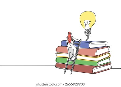 Uma linha contínua desenhando homem árabe sobe pilha de livros grossos com lâmpada flutuando acima. Tenha criatividade ilimitada. Educar. Dia Nacional da Criatividade. Ilustração de vetor de design de desenho de linha única