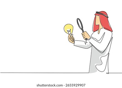 Continuous one line drawing Arab man holds lightbulb and examines with a magnifying glass. Looking for the most possible solution. National Creativity Day. Single line draw design vector illustration