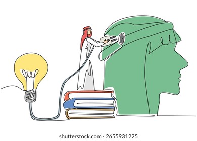 Uma linha contínua desenhando homem árabe ficar em pilha de livros grossos mantém cabo conectado a grande lâmpada. Conhecimento e criatividade. Dia Nacional da Criatividade. Ilustração de vetor de design de desenho de linha única