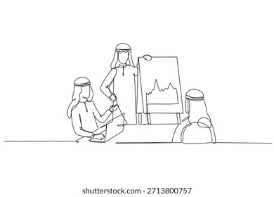 Continuous one line drawing Arab men in business meeting. One man standing next to flip chart with volatile line graph. Review market performance. Single line draw design vector graphic illustration