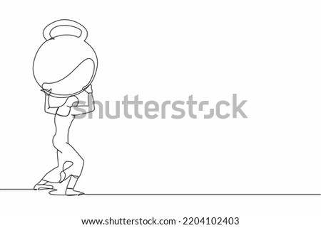 Continuous one line drawing Arab businesswoman carrying heavy kettlebell on her back. Financial crisis or credit payment. Business bankruptcy, debt problem. Single line draw design vector illustration