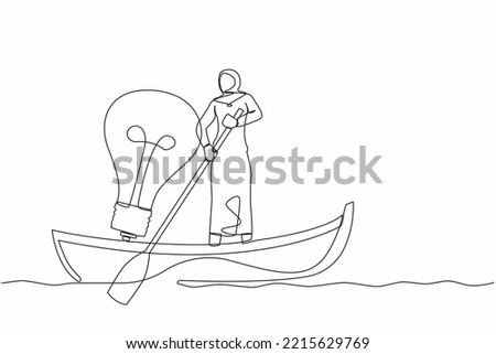 Continuous one line drawing Arab businesswoman standing in boat and sailing with light bulb. Manager searching idea or vision. Success business innovation. Single line draw design vector illustration