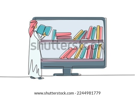 Continuous one line drawing Arab male college student reading book while standing in front of monitor with bookshelf on screen. Education concept. Single line draw design vector graphic illustration