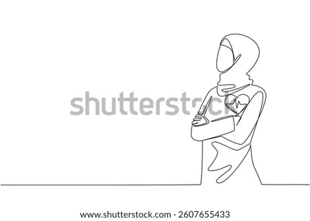 Continuous one line drawing Arab woman wearing hijab crosses arms in front of her chest. Work and health balance. National Employee Health and Fitness Day. Single line draw design vector illustration
