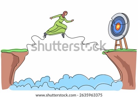 Continuous one line drawing Arab businesswoman jumping over cliff to reach target. Success move while taking risk. Entrepreneur challenges, motivation, personal growth. Single line draw design vector