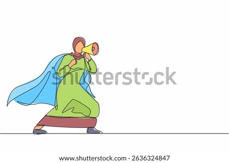 Continuous one line drawing Arab superhero speaking in megaphone. Superhero in cape, happy businesswoman holding megaphone, successful team leader. Single line draw design vector graphic illustration
