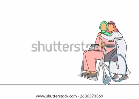 Continuous one line drawing Arab woman in wheelchair after car accident and her husband to give encouragement. Mutual care has made disabled people equality in society. Single line draw design vector