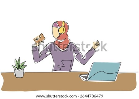 Continuous one line drawing Arab woman using headphone sitting singing holding a coffee paper cup as a mic. Mood boosting activities. National Sing Out Day. Single line draw design vector illustration