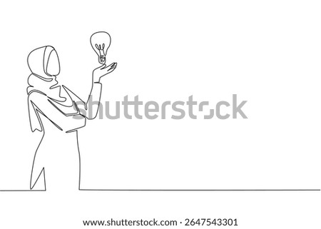 Continuous one line drawing Arab woman raises and open palm with lightbulb floats above palm. Think seriously for the best solution National Creativity Day. Single line draw design vector illustration
