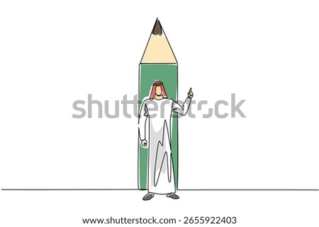 Continuous one line drawing Arab man stands in front of bottom end of pencil with gesture. Write down creative and brilliant ideas. National Creativity Day. Single line draw design vector illustration
