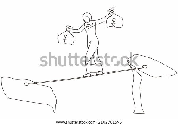 Continuous one line drawing Arab\
businesswoman walk over cliff gap mountain carry two money bag\
risking dangerous. Female walking balance on rope bridge. Single\
line design vector graphic\
illustration