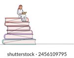 Continuous one line drawing Arabian man sitting on pile of books reading book. High interest in reading. Opening horizons of thinking. Book festival concept. Single line design vector illustration