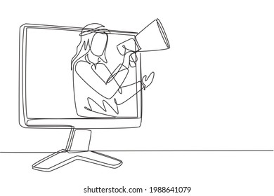 Continuous one line drawing Arabian man coming out of monitor screen holding megaphone. Offering product with discounts or sale. Marketing concept. Single line draw design vector graphic illustration