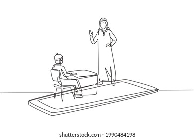 Continuous one line drawing Arabian male teacher teaching male junior high school student who sits on bench around desk and studies on smartphone. Single line draw design vector graphic illustration