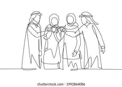Continuous one line drawing Arabian teenagers toast with soft drinks to celebrate friendship at garden party. Happy togetherness and lifestyle. Single line draw design vector graphic illustration