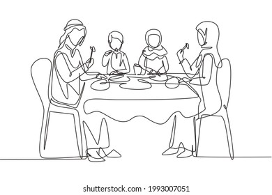 Continuous one line drawing Arabian family eating meal around kitchen table  Happy daddy  mom   two kids sitting eating healthy lunch in home  Single line draw design vector graphic illustration