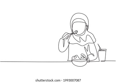 Continuous one line drawing Arabian girl having salad meal with fork around table. Happy and enjoy breakfast in morning. Delicious and healthy food. Single line draw design vector graphic illustration