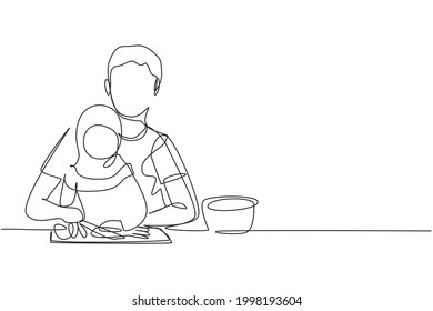 Continuous one line drawing Arabian father teaching his little daughter to cut vegetables and fruit. Healthy food at home. Happy family in kitchen. Single line draw design vector graphic illustration