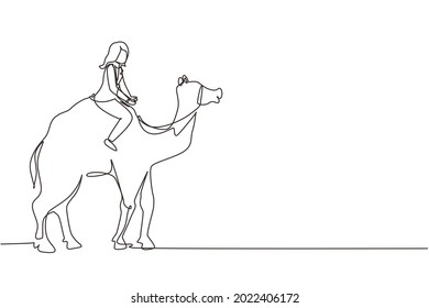 Continuous one line drawing Arabian businesswoman riding camel. Investment, bullish stock market trading, rising bonds trend. Successful business woman trader. Single line draw design vector graphic
