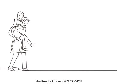 Continuous one line drawing Arabian teenage couple with man carrying woman on his back during music festival. Happy young romantic couple in love. Single line draw design vector graphic illustration