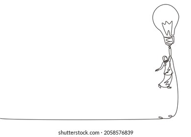 Continuous one line drawing Arabian businesswoman flying holding idea bulbs. Office worker in suit. Big idea to solve business problem. Achievement concept. Single line draw design vector illustration