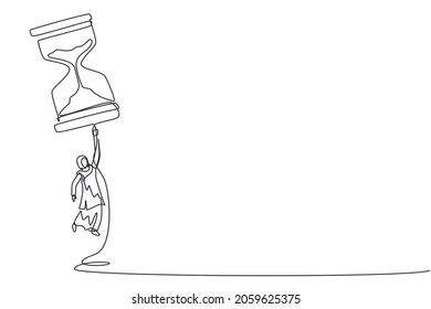 Continuous one line drawing Arabian businesswoman flying with hourglass balloon. Business time management. Success, champion, victory, sandglass. Single line draw design vector graphic illustration