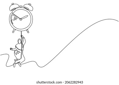 Una línea contínua dibujando a una mujer de negocios, gerente o empleada árabe volando con un gran reloj de alarma en globo y sosteniendo cuerda. Metáfora del negocio de la gestión del tiempo. Ilustración vectorial de diseño de líneas simples