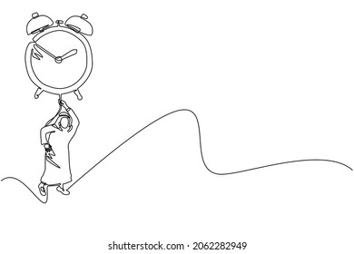 Una línea contínua dibujando al empresario, gerente o empleado árabe volando con un gran reloj de alarma en globo y sosteniendo cuerda. Metáfora del negocio de la gestión del tiempo. Ilustración vectorial de diseño de líneas simples
