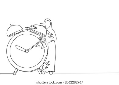 Continuous one line drawing Arabian businesswoman, manager or employee stand and hugging big clock. Concept of time management, watch, time to work. Single line draw design vector graphic illustration