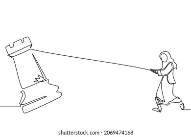 Una línea contínua dibujando a una mujer de negocios árabe tirando de un roble ajedrez con cuerda. Objetivo de logro comercial, estrategia, concepto competitivo y estratégico. Ilustración vectorial de diseño de líneas simples