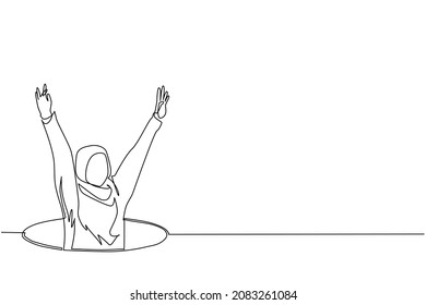 Continuous one line drawing Arabian businesswoman fell into manhole underground sewer. Female fell into sewage. Depressed and business failure concept. Metaphor. Defeat. Single line draw design vector