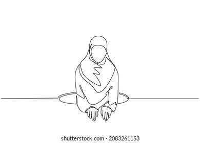 Kontinuierliche eine Linie, die arabische Geschäftsfrau zu versuchen, aus dem Loch zu kommen, Metapher, um große Probleme zu bewältigen. Geschäftskämpfe. Stärke für den Erfolg. Vektorgrafik-Design für einzelne Linien